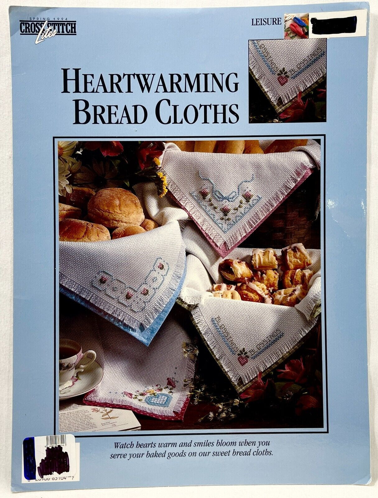 1994 Leisure Arts Heartwarming Bread Cloths Counted Cross Stitch Leaflet 12963