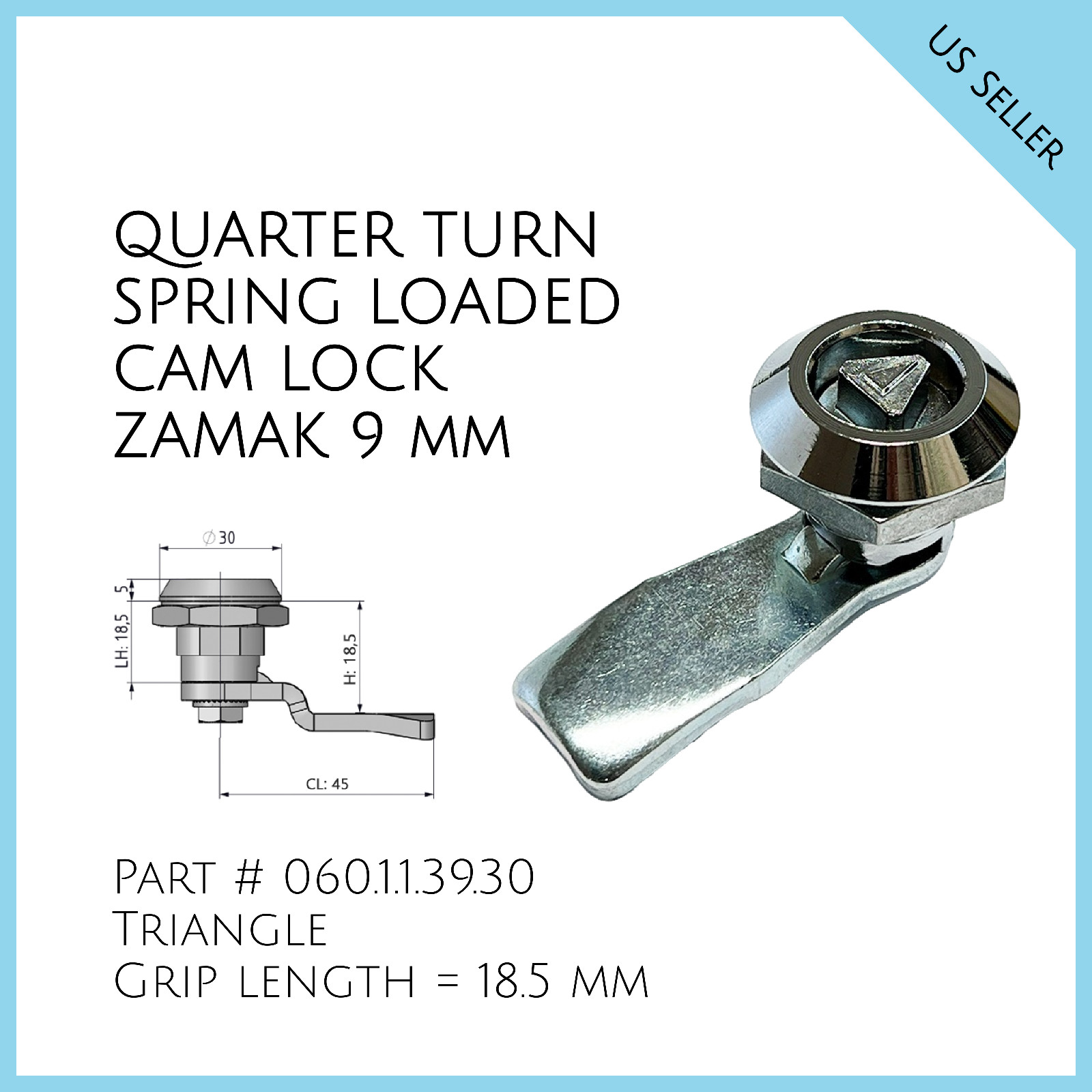 Quarter Turn Spring Loaded Cam Lock Zamak 9mm Triangle Part # 060.1.1.39.30