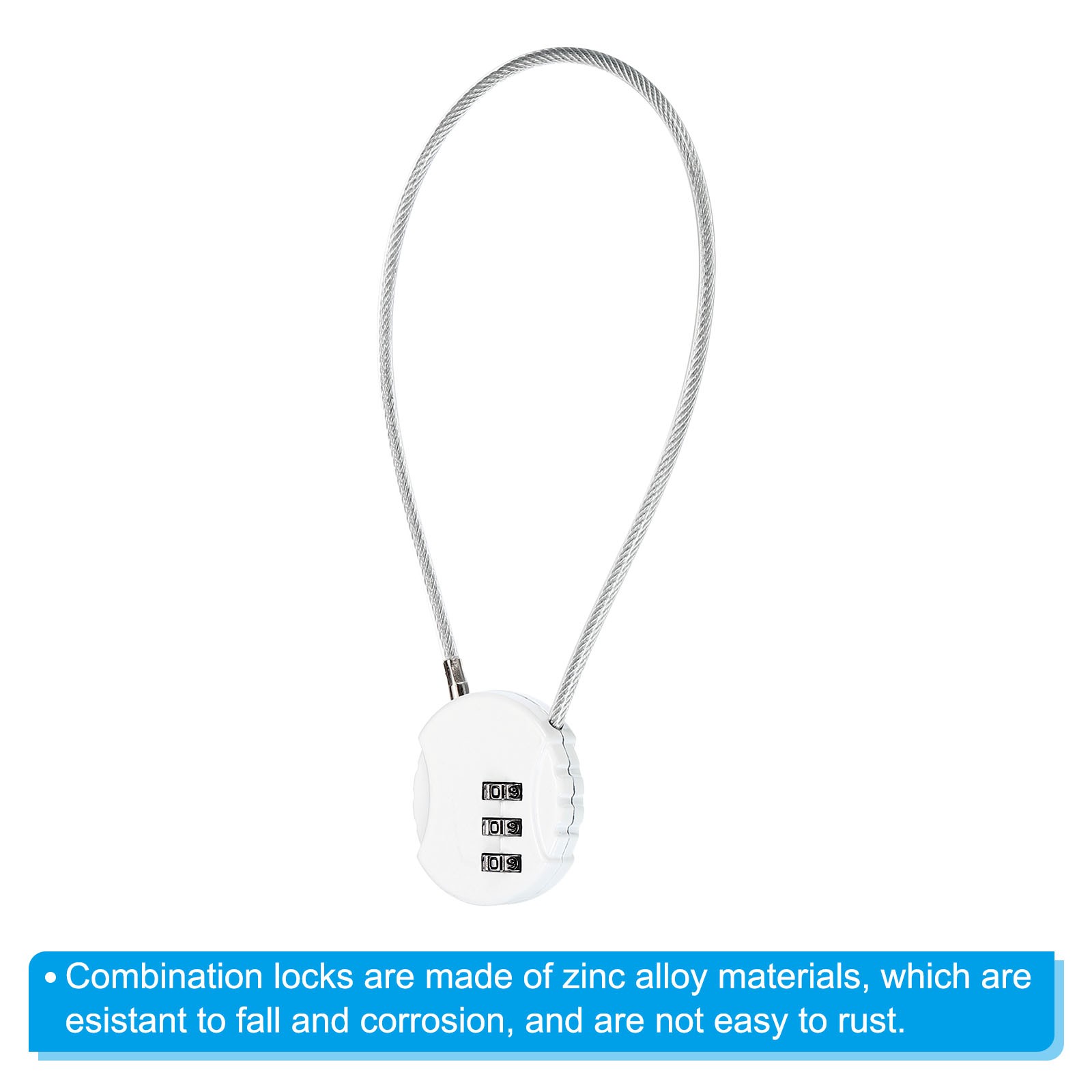 Small Combination Block 11.8", 3pc 3 Digit Luggage Lock, White