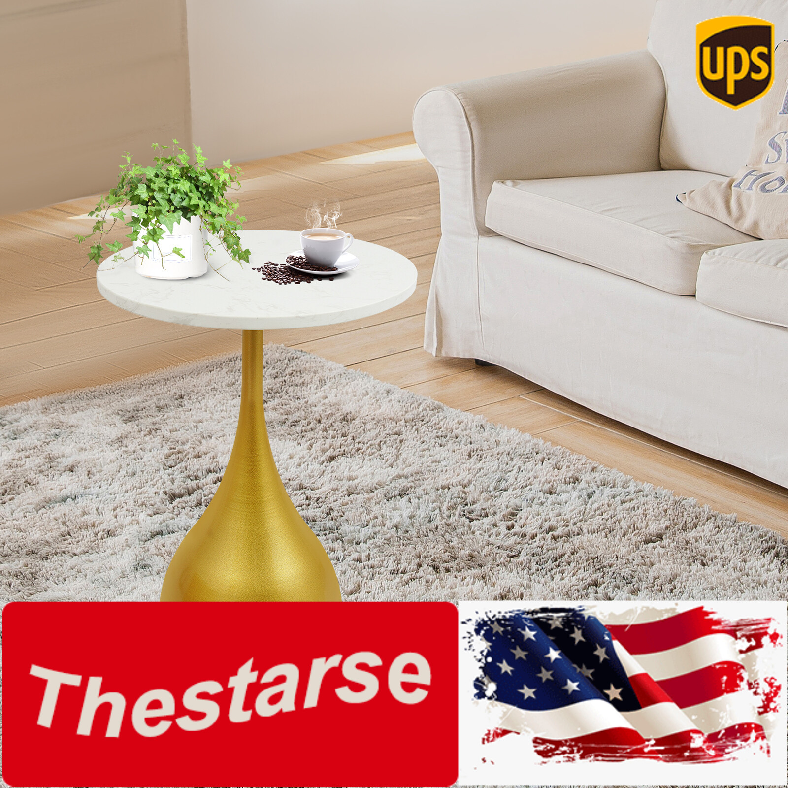 13.78 Inch Marble Sofa Side Table  Modern Round Accent Table For Small Spaces