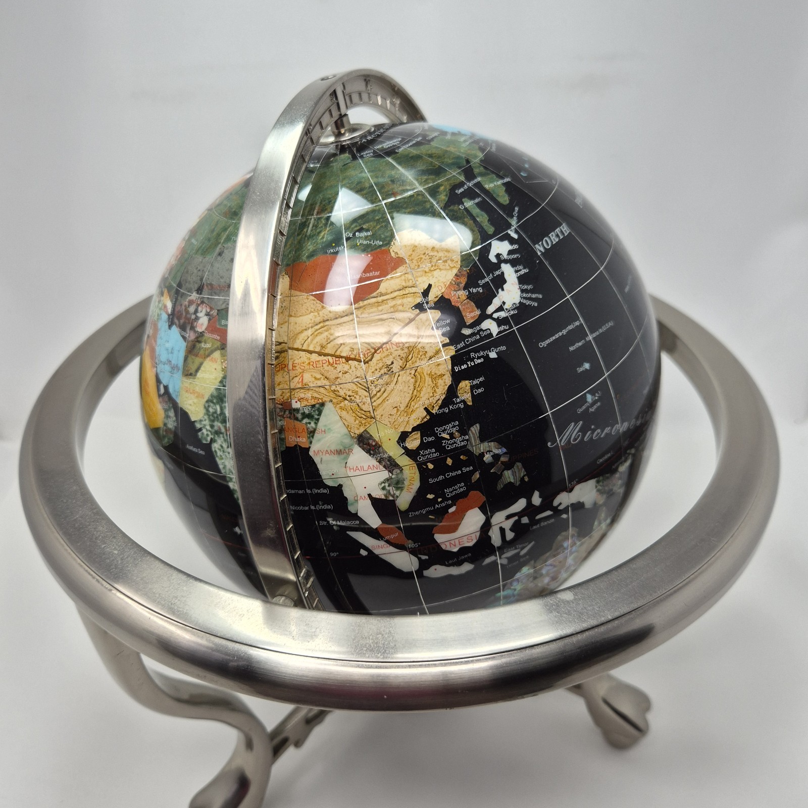 14" Black Ocean Silver 3- Leg Table Stand Gem Gemstone World MAP & Compass Globe