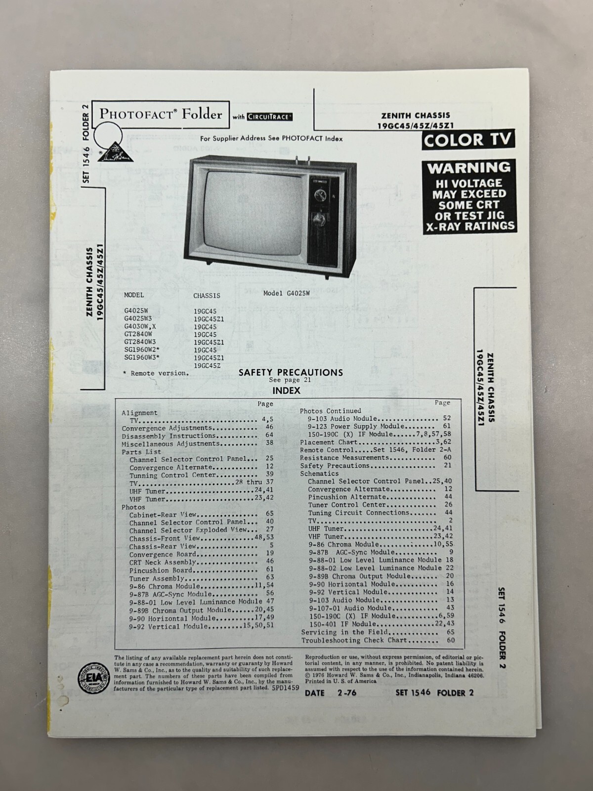 Zenith 19GC45 45Z 45Z1 Service Manual Sams Photofact Free Shipping