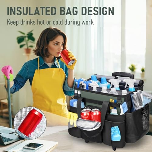 Cleaning Caddy with Wheels, Extra Large Rolling Cleaning Caddy Bag Black Green