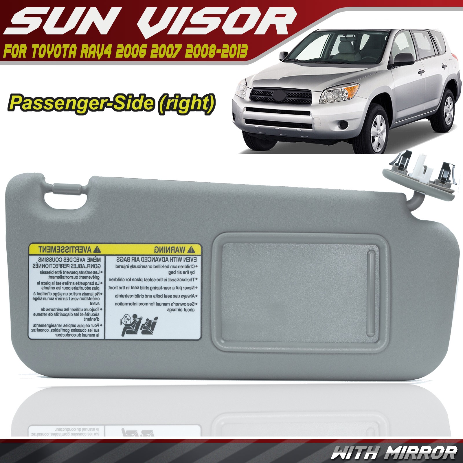 Sun Visor RIGHT Passenger Side GRAY for 2006-2013 Toyota RAV4 w/ Extender Mirror