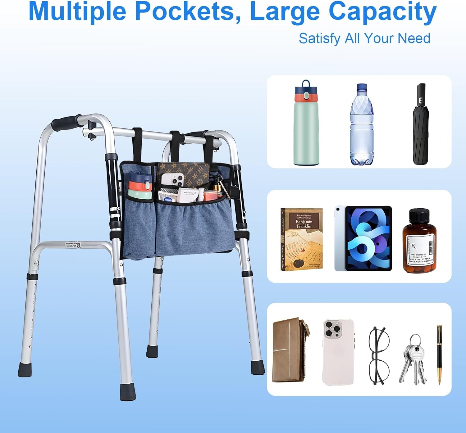 Walker Bag with Cup Holder, Premium Walker Basket for Folding Walker, Foldable W