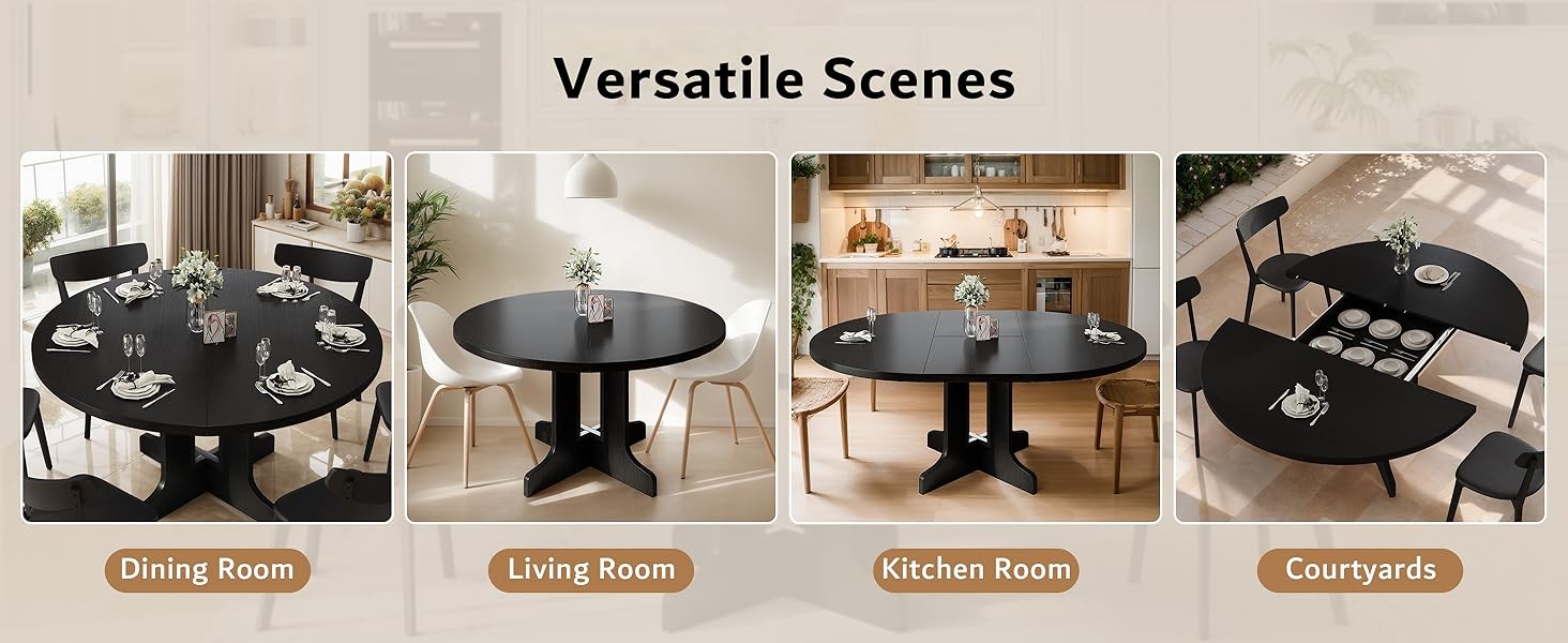 59" Extendable Round Dining Table for 4-6, Modern Kitchen Table with Heavy Duty