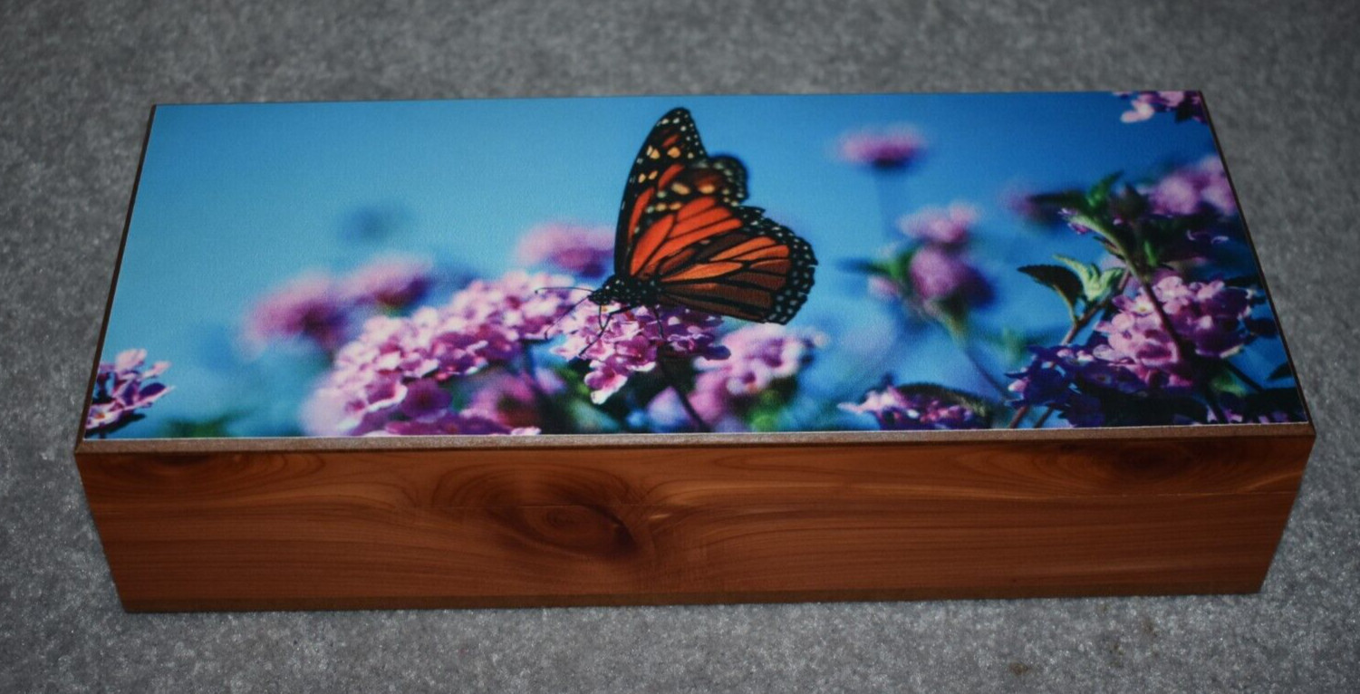 #4890 MONARCHY BUTTERFLY AND FLOWERS KEEPSAKE JEWELRY WOOD CEDAR BOX 5" X 12"