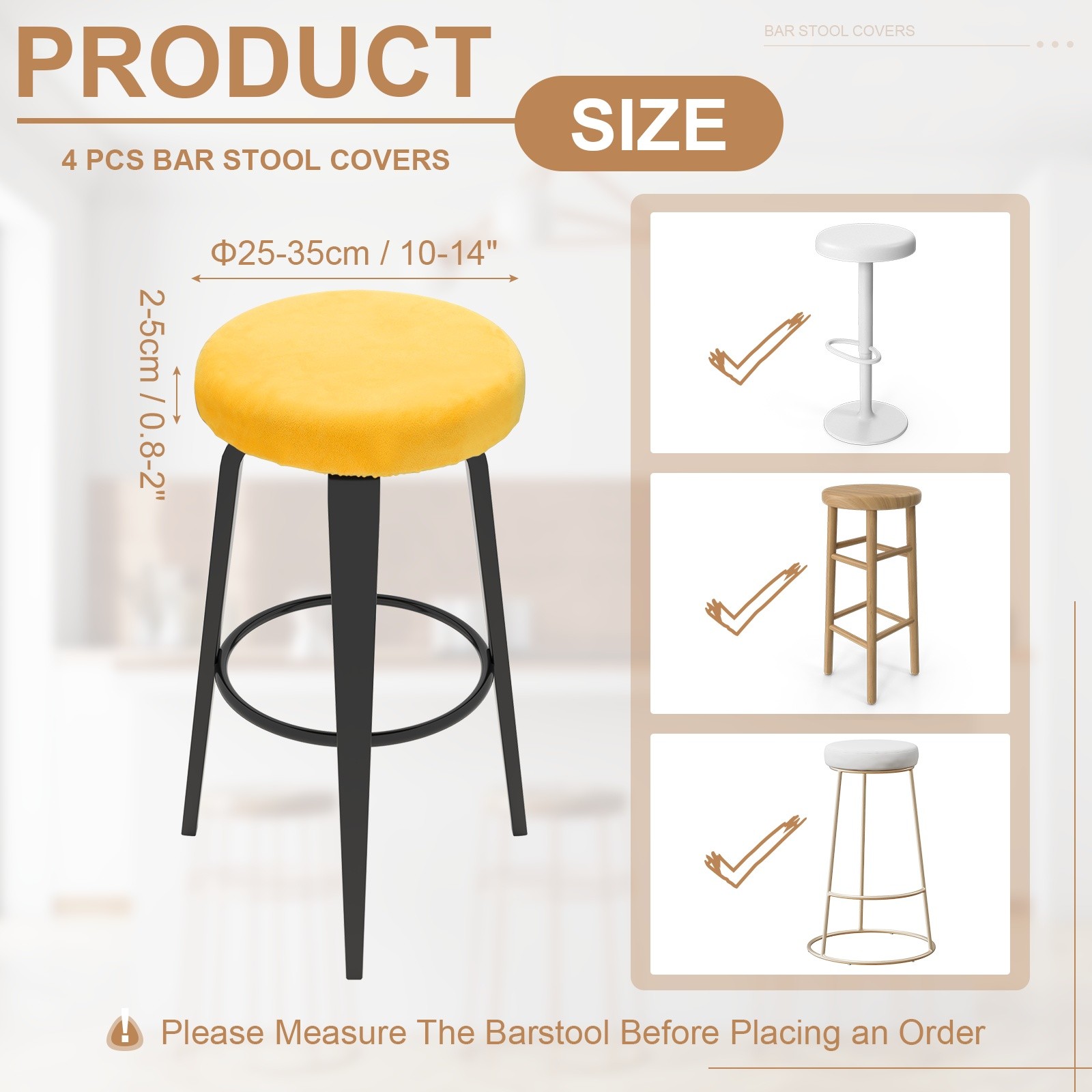 4 Pcs Bar Stool Covers, 10-14" Round Stool Covers with Elastic Band, Yellow
