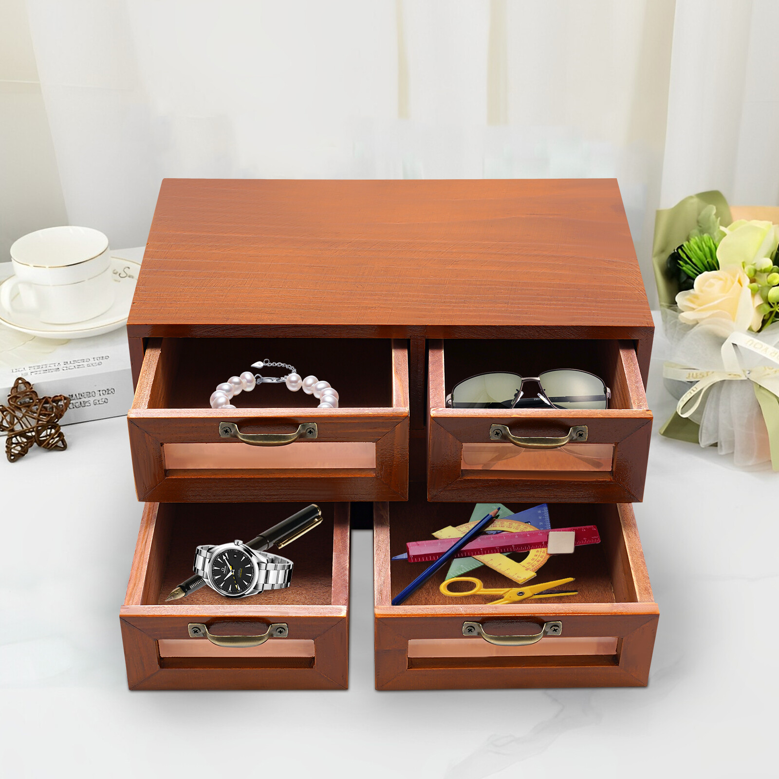 Desk Organizer with Drawers Wooden Desktop Storage Cabinet Storage Box Home
