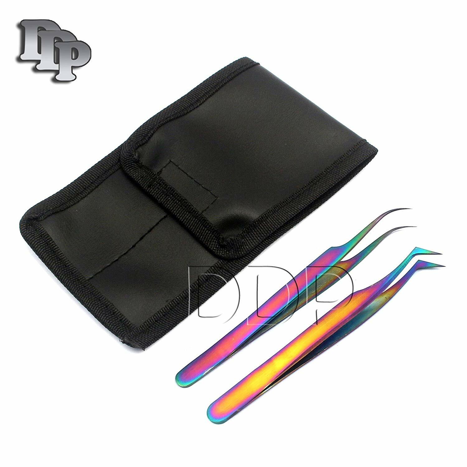 2 Multi Titanium Color 3d Eyelash Extension Tweezers Semi Angled + A Type Angle