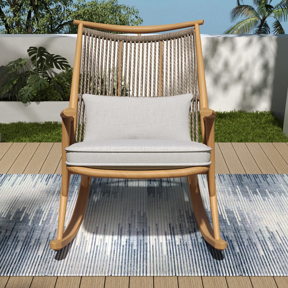Set of 2 Iron Rocking Chairs with Maple Finish Ceramic Tile Side Table Set