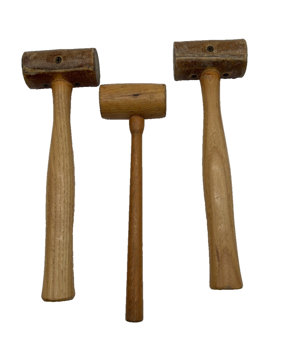 3 Vintage Leather/Wood Working Hammers/Mallets: 2 Rawhide/Leather & 1 Wood