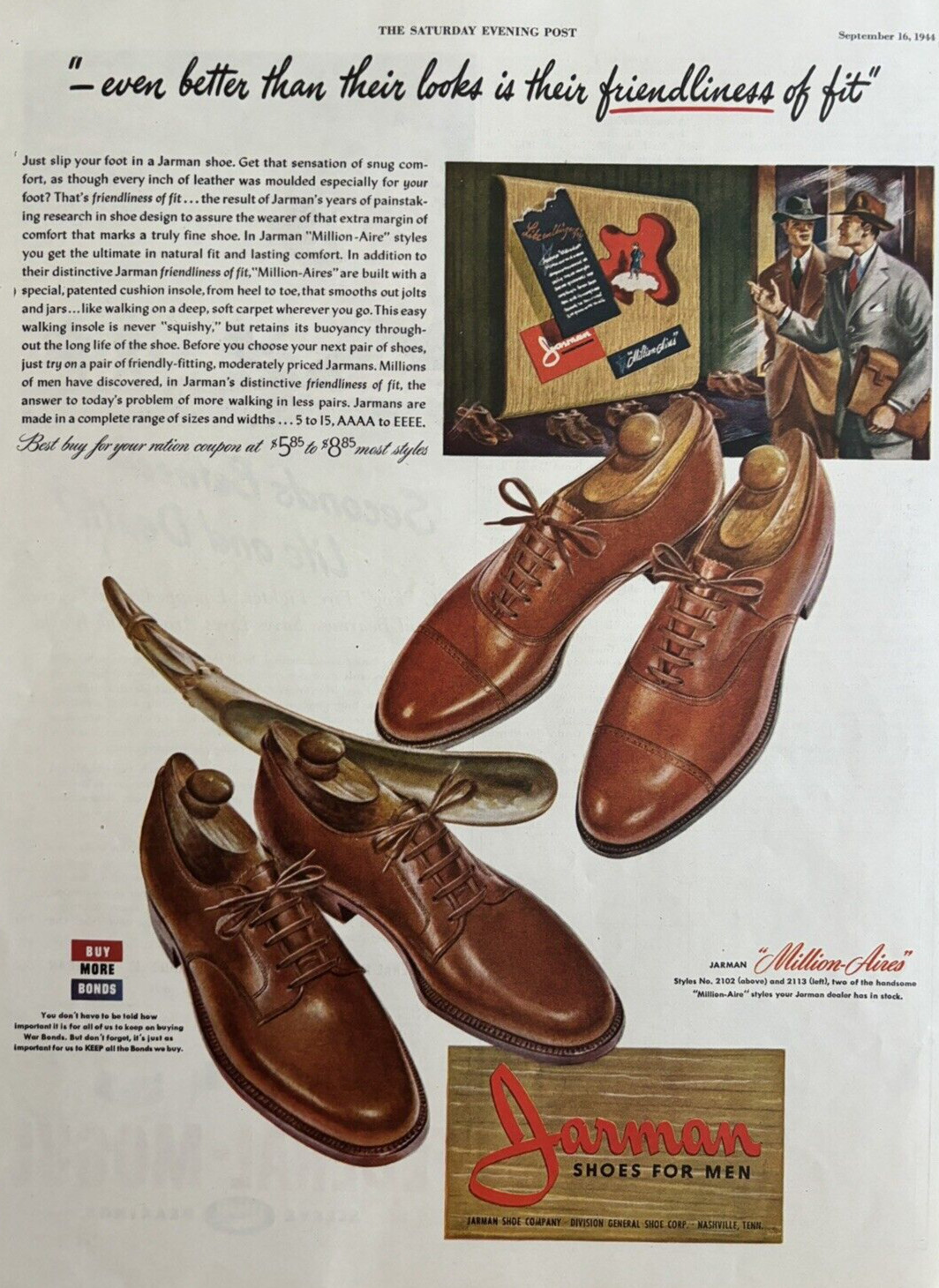 1944 Jarman Shoes Million Aires WW II Buy More Bonds Men Fit Vintage Print Ad