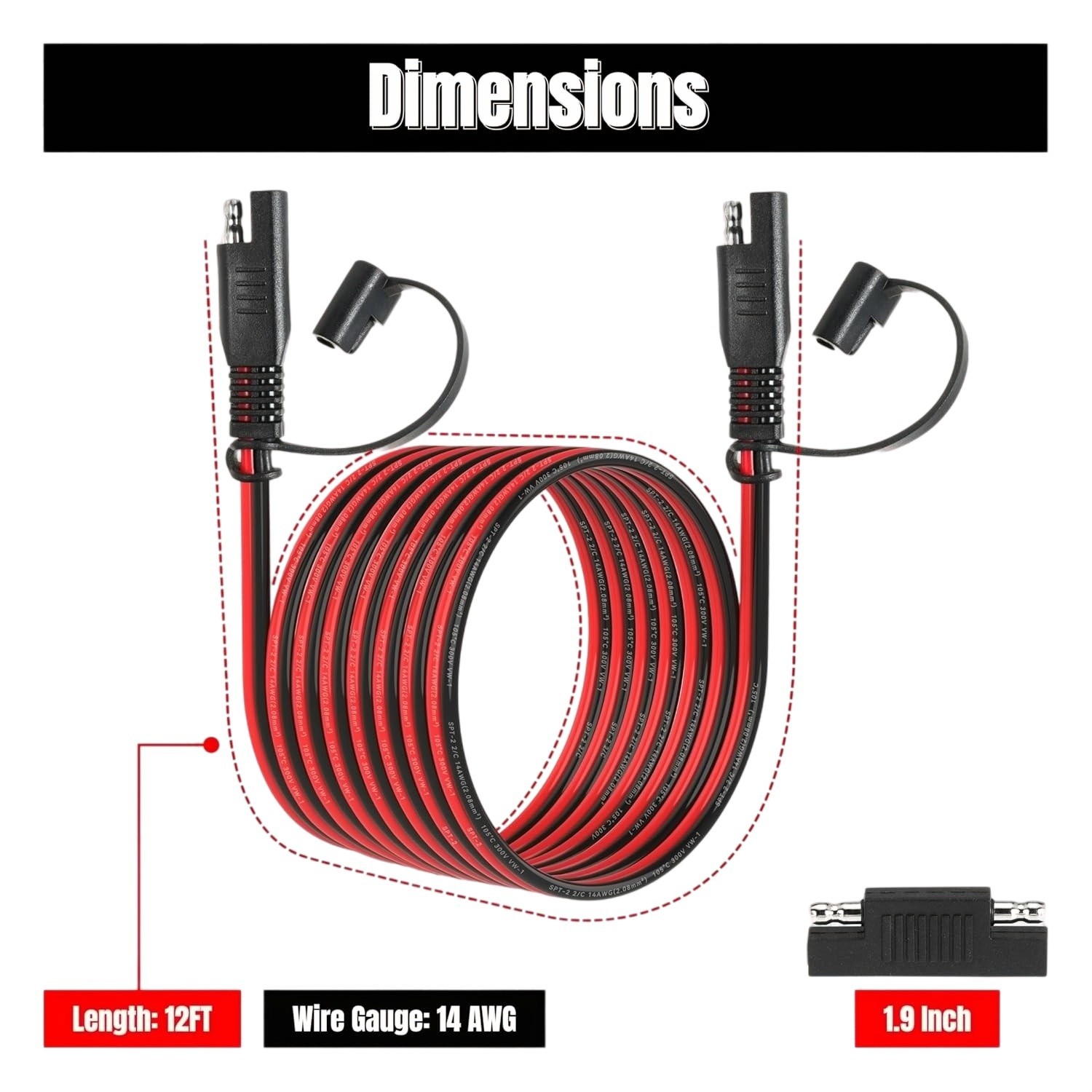 12FT 14AWG SAE Extension Cable with Polarity Reverse Adapter for Solar Panel RV