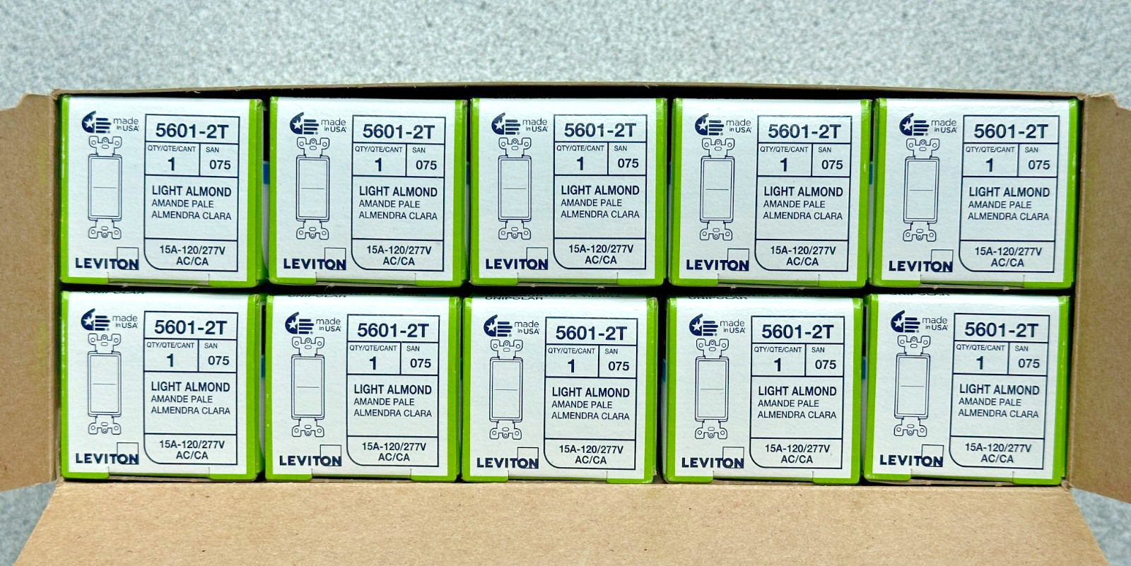 NEW 10 pk Leviton 5601-2T Lt Almond Decora Rocker Wall Light Switches 15A 1 Pole