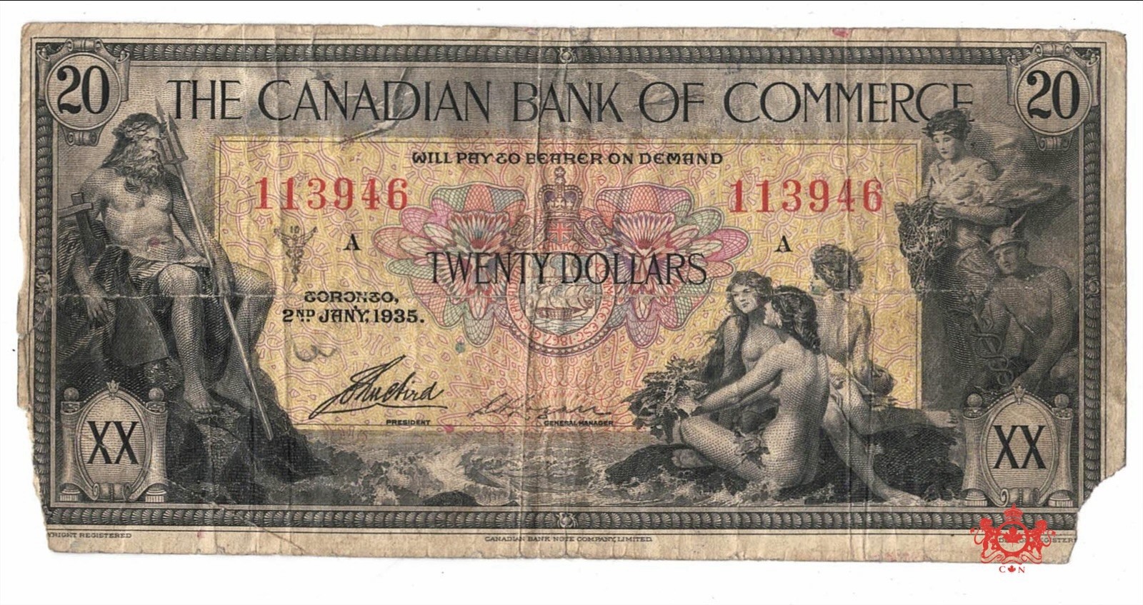 1935 The Canadian Bank Of Commerce 20$ 113946 - Fine - Corner Missing 75-18-10