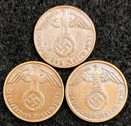 Set of 3 Germany WWII Era 1 Reichspfennig Bronze Coins 1937-1939 Historical