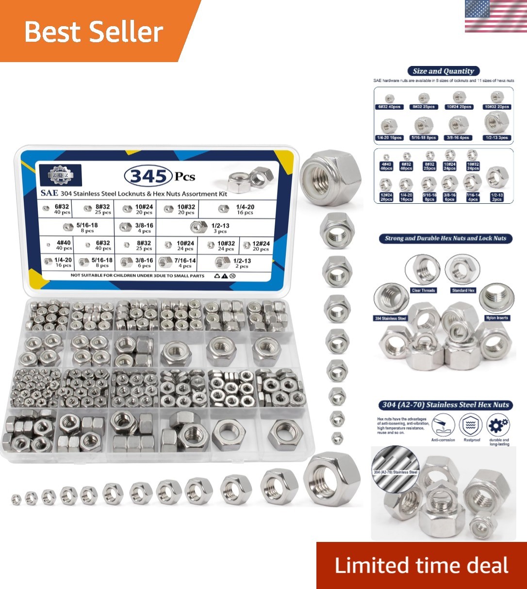 Ultimate 345-Pc SAE Lock Nuts & Hex Nuts Set with Storage Box - Anti-Loosening