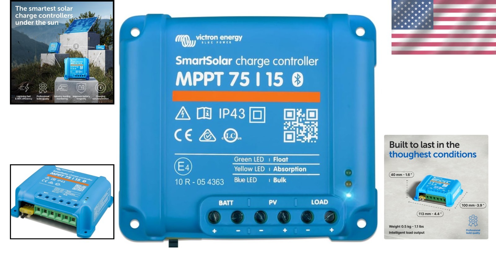 SmartSolar MPPT Bluetooth Solar Charge Controller - 75V, 15A, 12/24V Efficiency