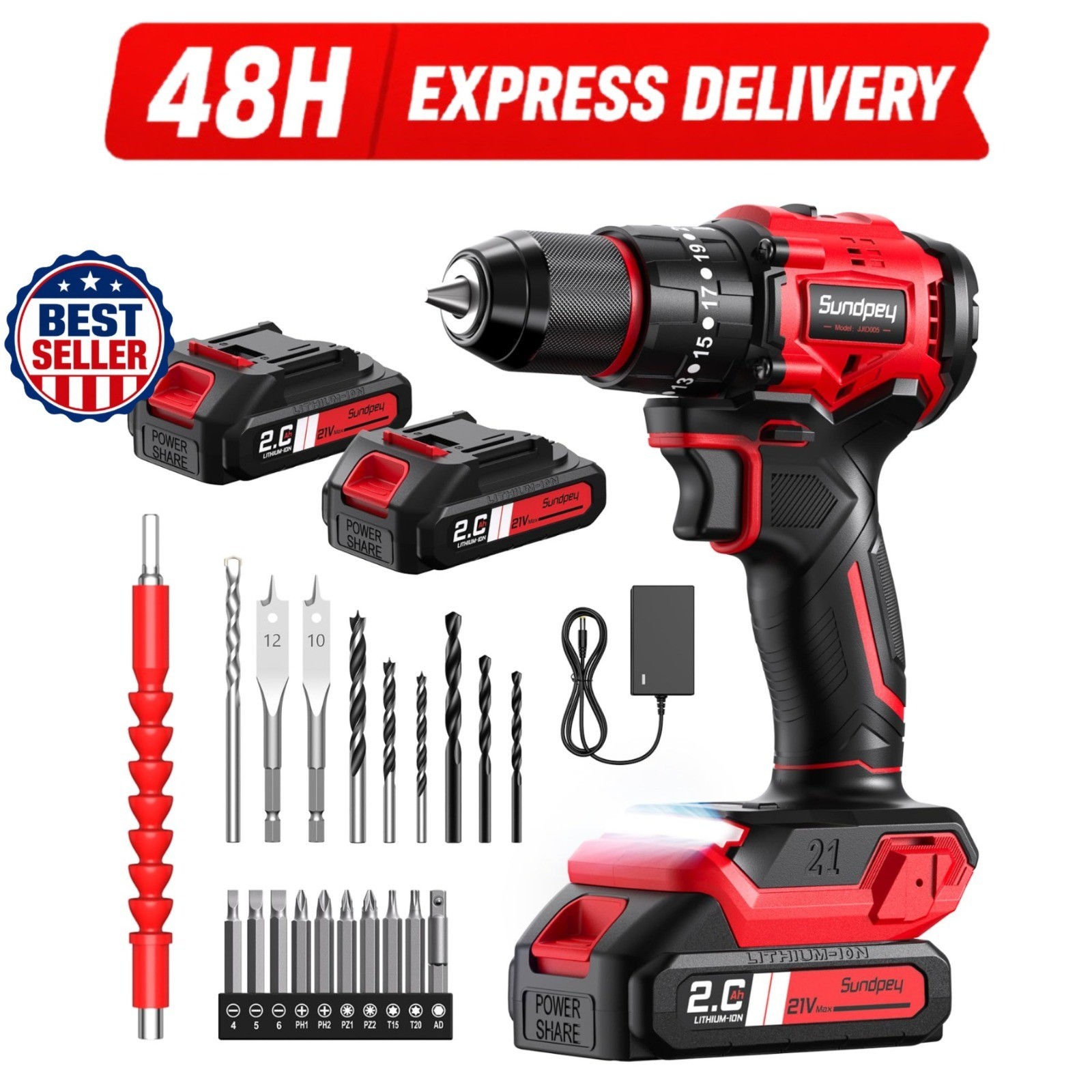 Sundpey Cordless Drill Set - 620in-lbs Brushless Motor, 2 Batteries, LED Light