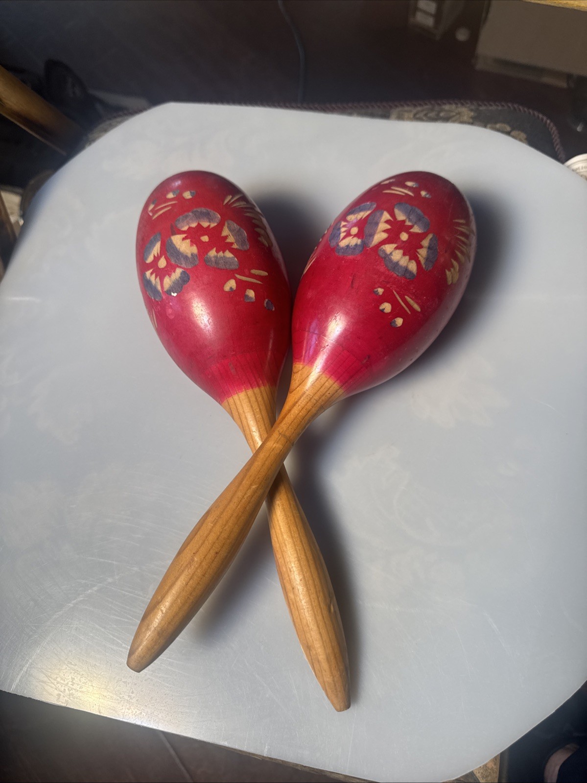 Vintage Wooden Painted Fuschia Maracas Hand Carved Flowers Shaker Mexico 11.5”