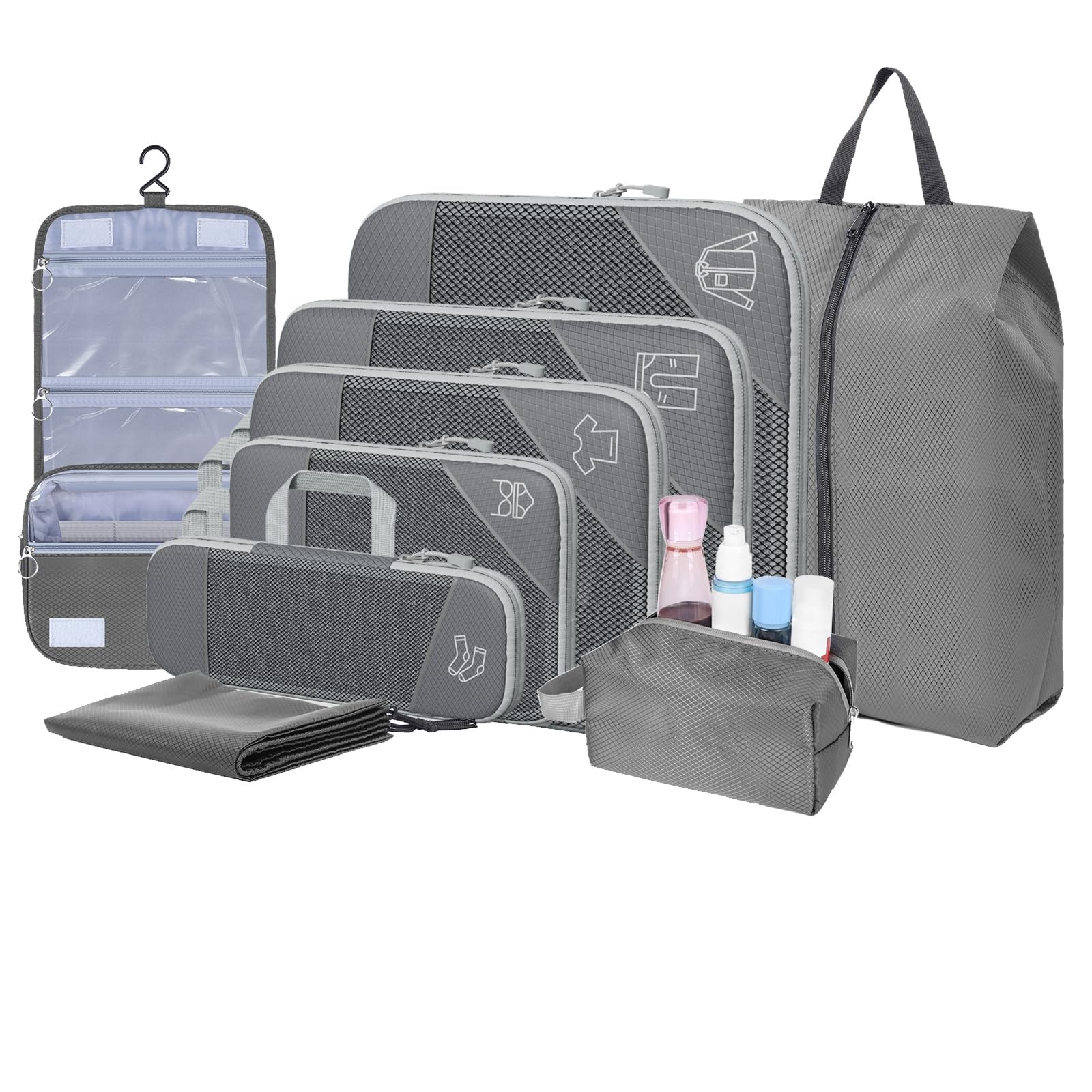 9-Set Packing Cubes with Hanging Bag | 9-Size Combination, Mesh Fabric & Refl...