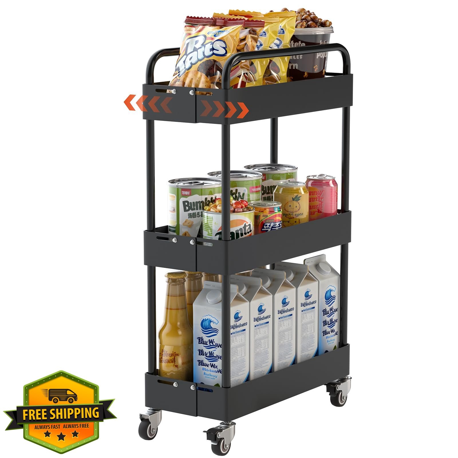 HOTEAGLE 3-Tier Black Rolling Cart, Adjustable Utility Storage