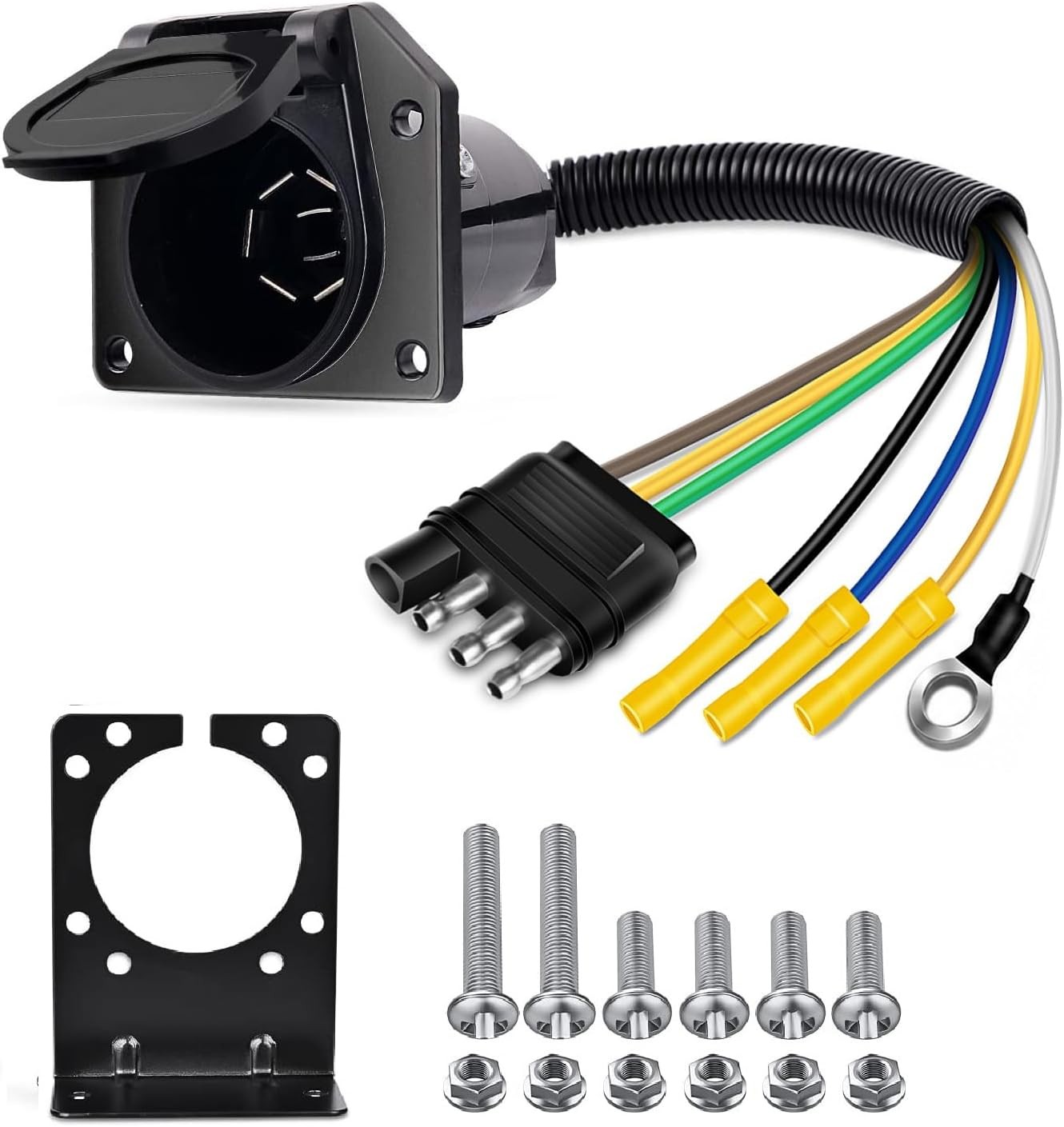 4-Way Flat To 7-Way Round RV Blade Wiring Adapter Plug Trailer Hitch w/ Brackets