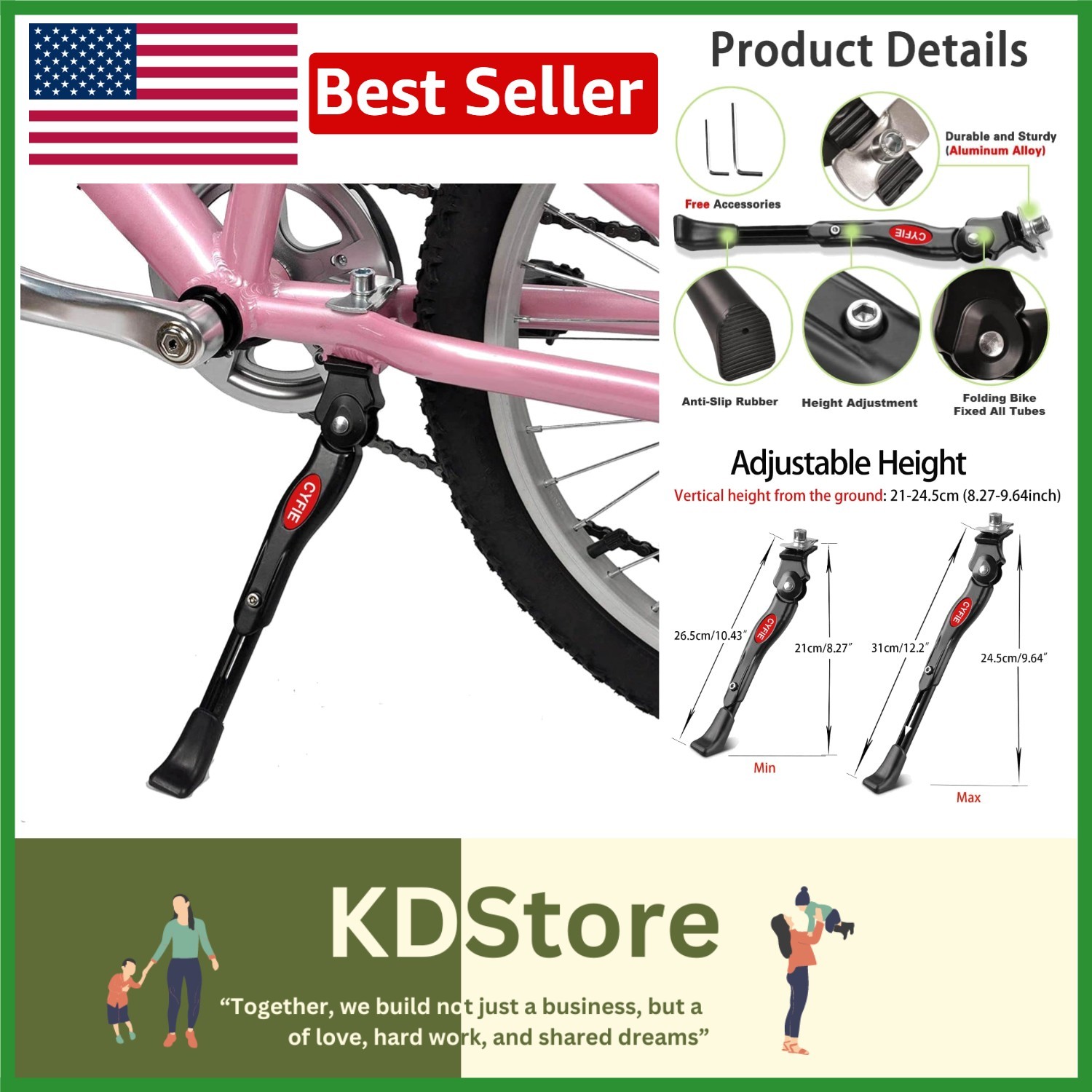 Adjustable Aluminum Bike Kickstand for 16-20 Inch Kids and Adult Bikes