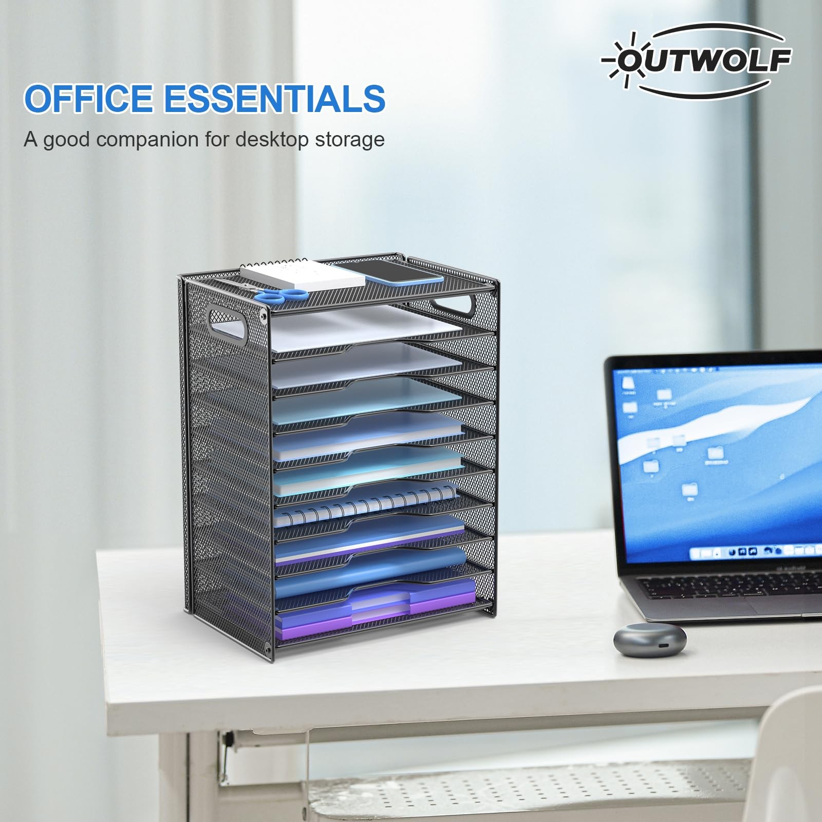 10 Tier Black Mesh Desk File Organizer with Handles for Office School Desktop