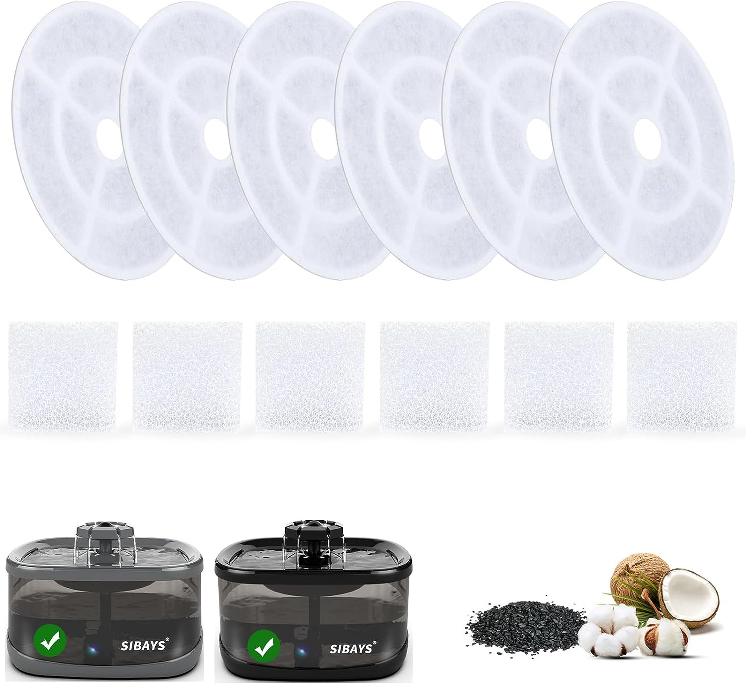 SIBAYS 6 Pack 7" Activated Carbon Cat Water Fountain Filters, 5 Layers