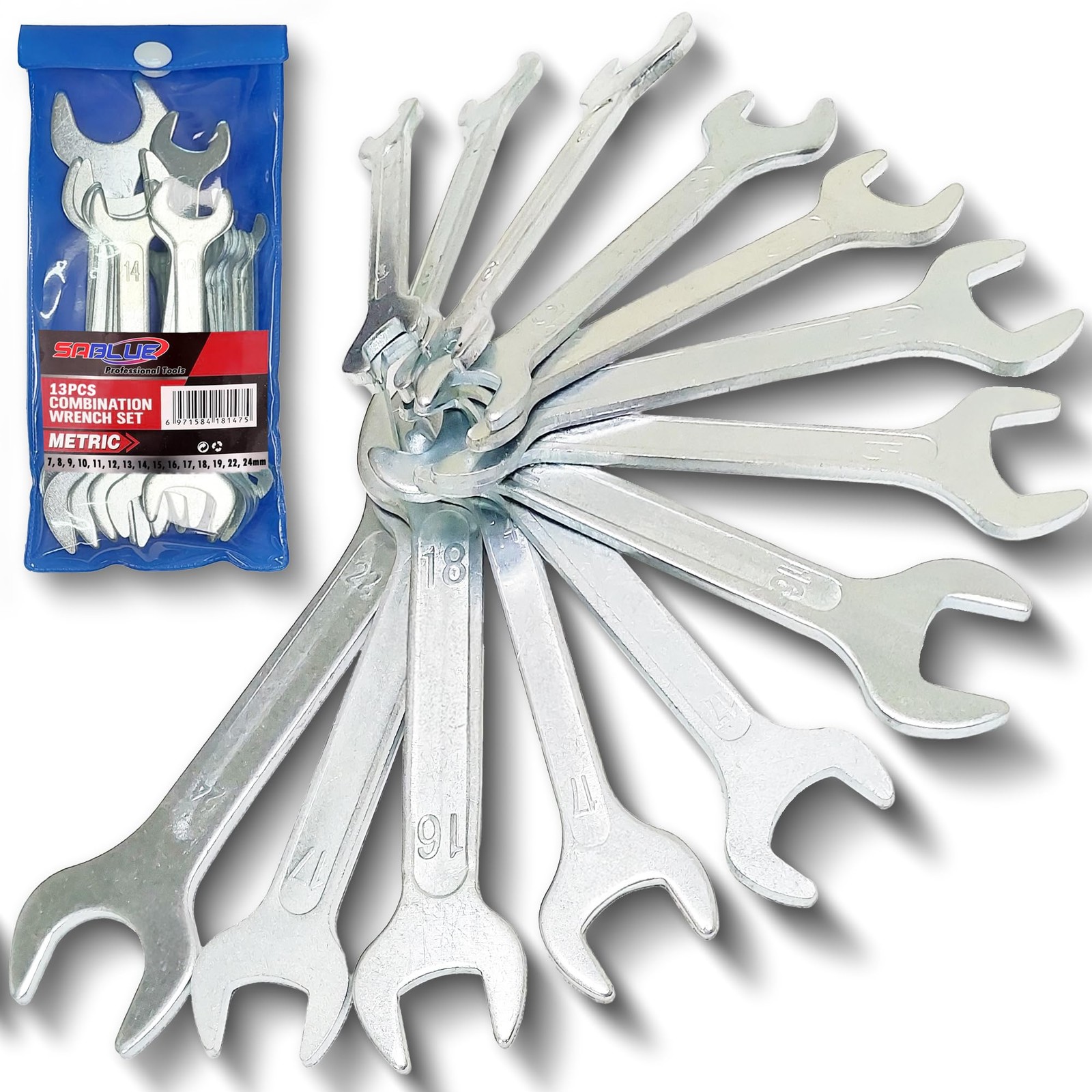 SABLUE Super-Thin Open End Wrench Set, Metric 13-Piece, 7mm to 24mm, Silver