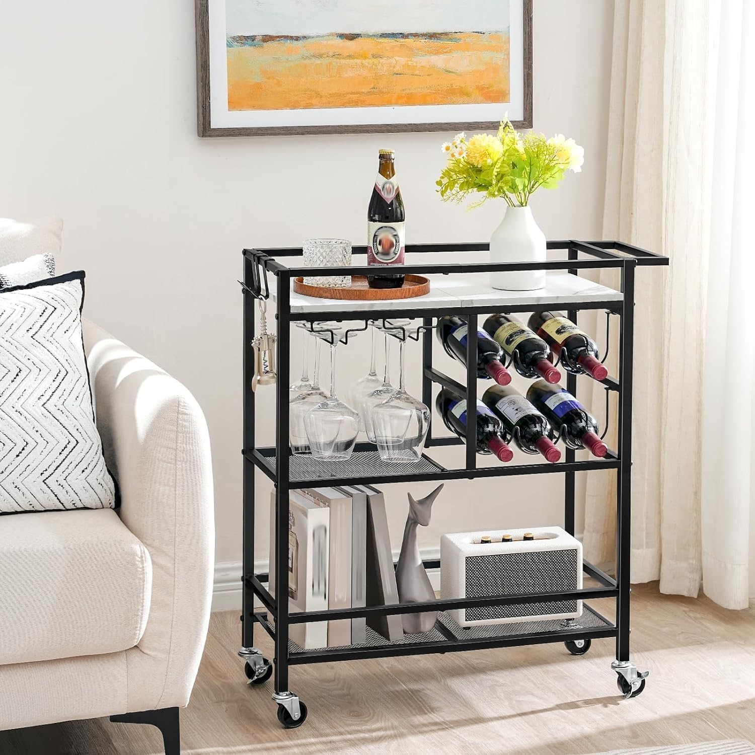 Bar Cart 3-Tier Serving Beverage Cart W/ Wheels & Handle W/ Wine Rack Home