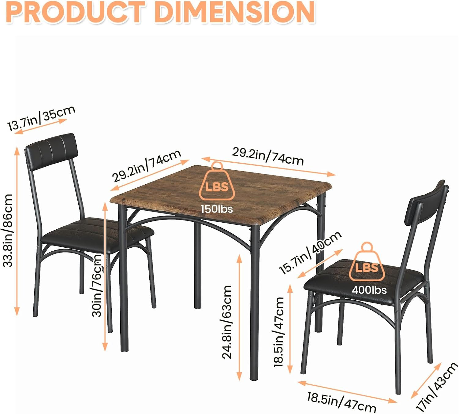 Space-Saving 3-Piece Dining Table Set for 2 – Square Kitchen Table with Upholste