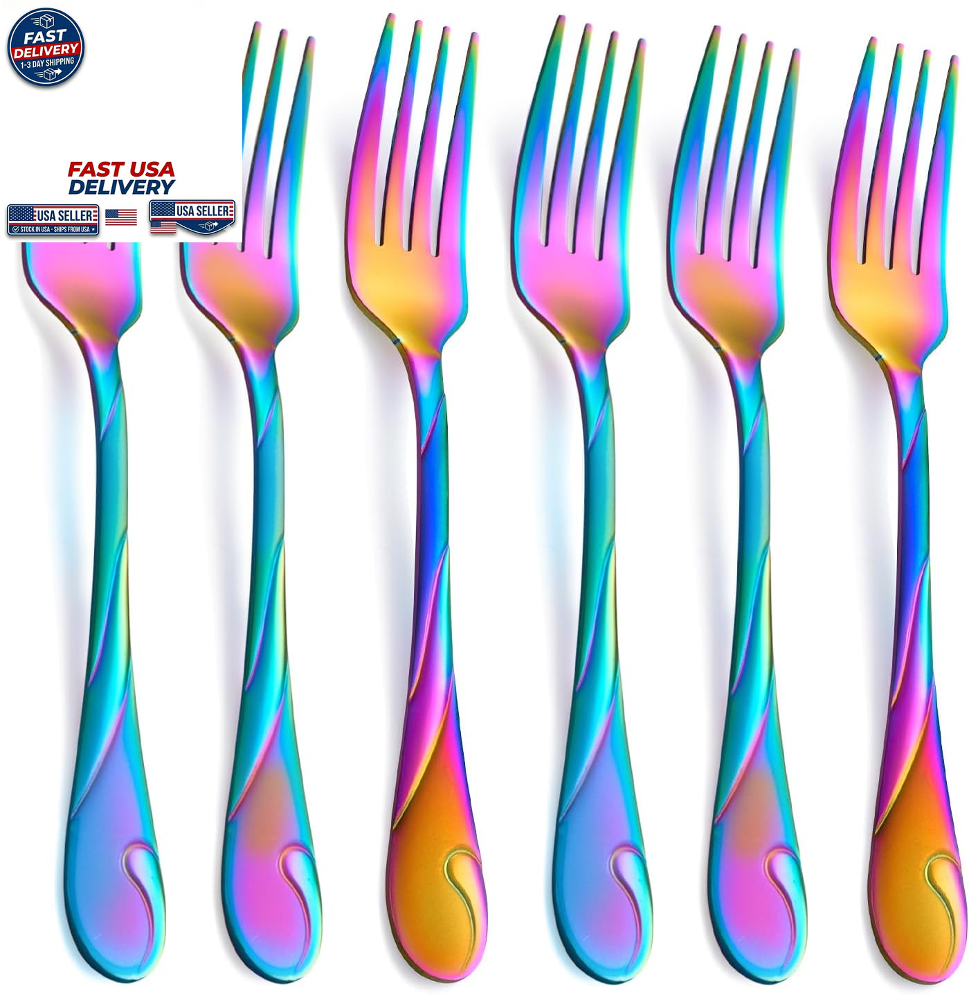 Rainbow Dinner Fork Set 7.8 Inch Stainless Steel Shiny Rainbow Flatware Forks