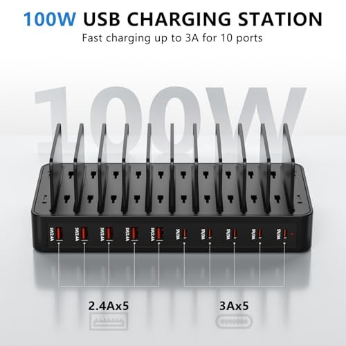 USB C Charging Station for Multiple Devices, 10-Port 100W Charging Dock, with