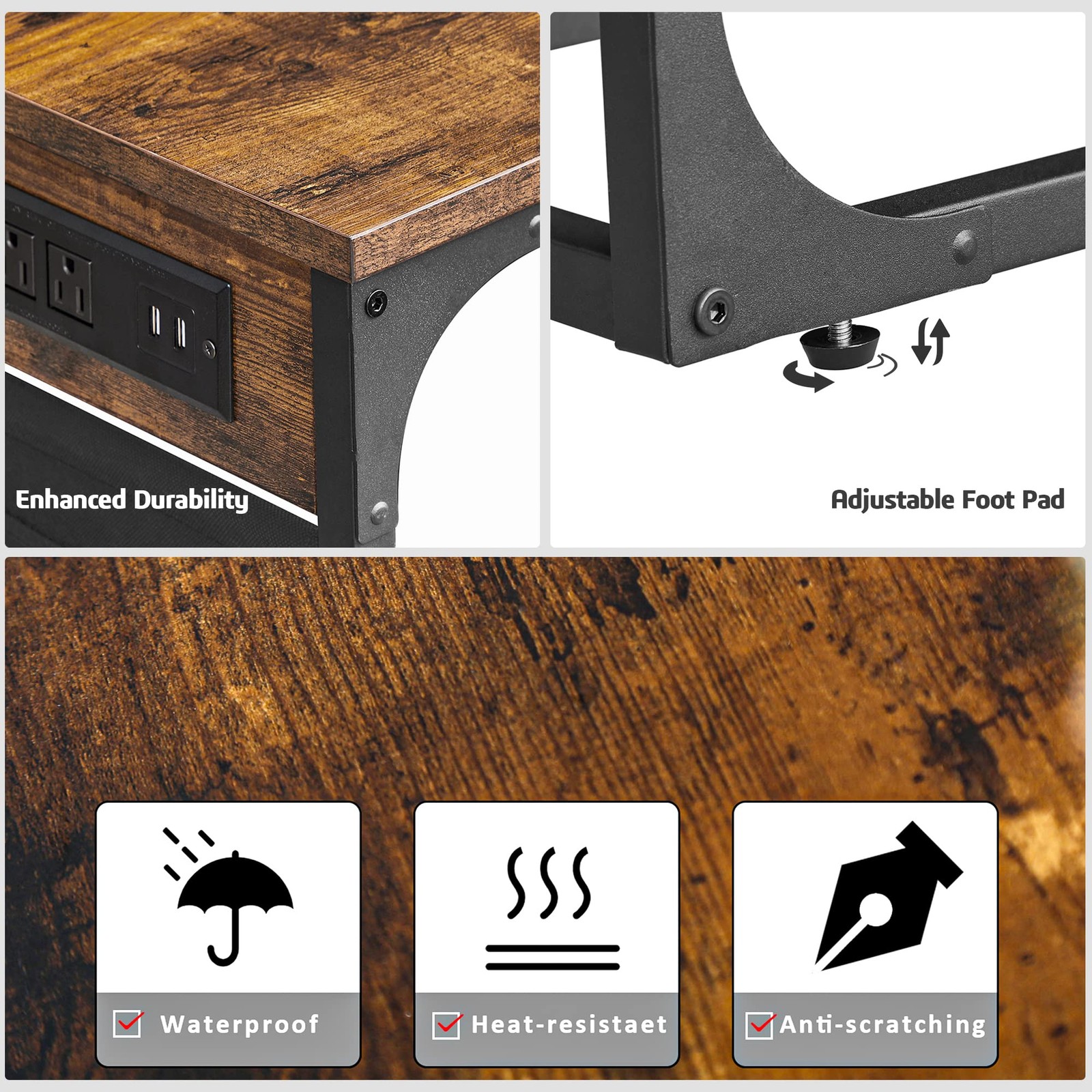 C Shaped End Table with Charging Station, Side Table for Sofa, Couch Table wi...