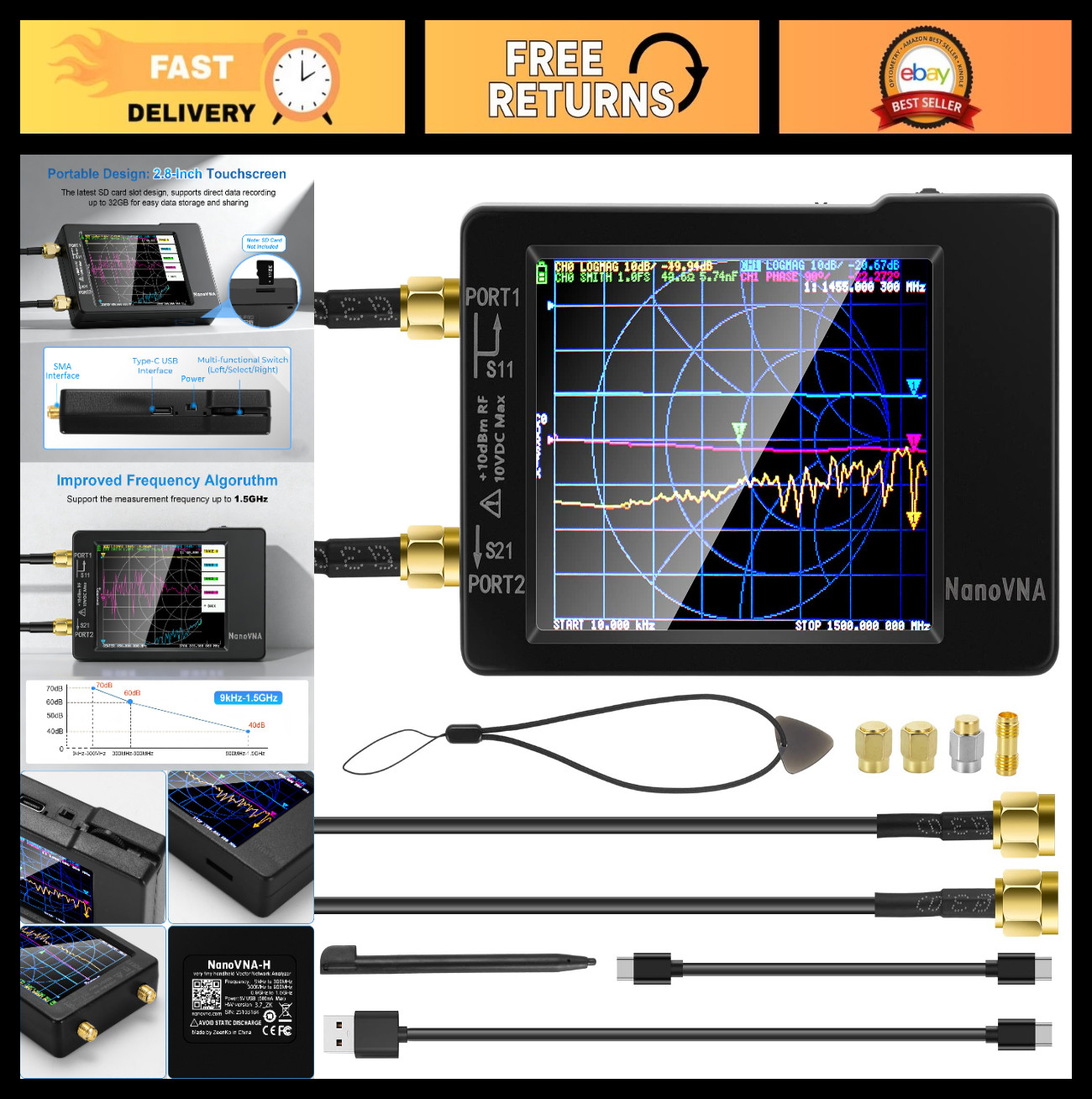 NanoVNA-H Vector Network Analyzer 9KHz-1.5GHz, HF VHF UHF Antenna Tester, S Para
