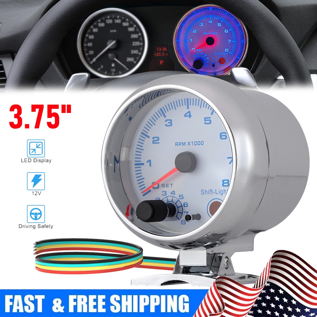 3.75" 12V Car Tachometer Gauge Meter 0-8000 RPM With LED Shift Light Universal