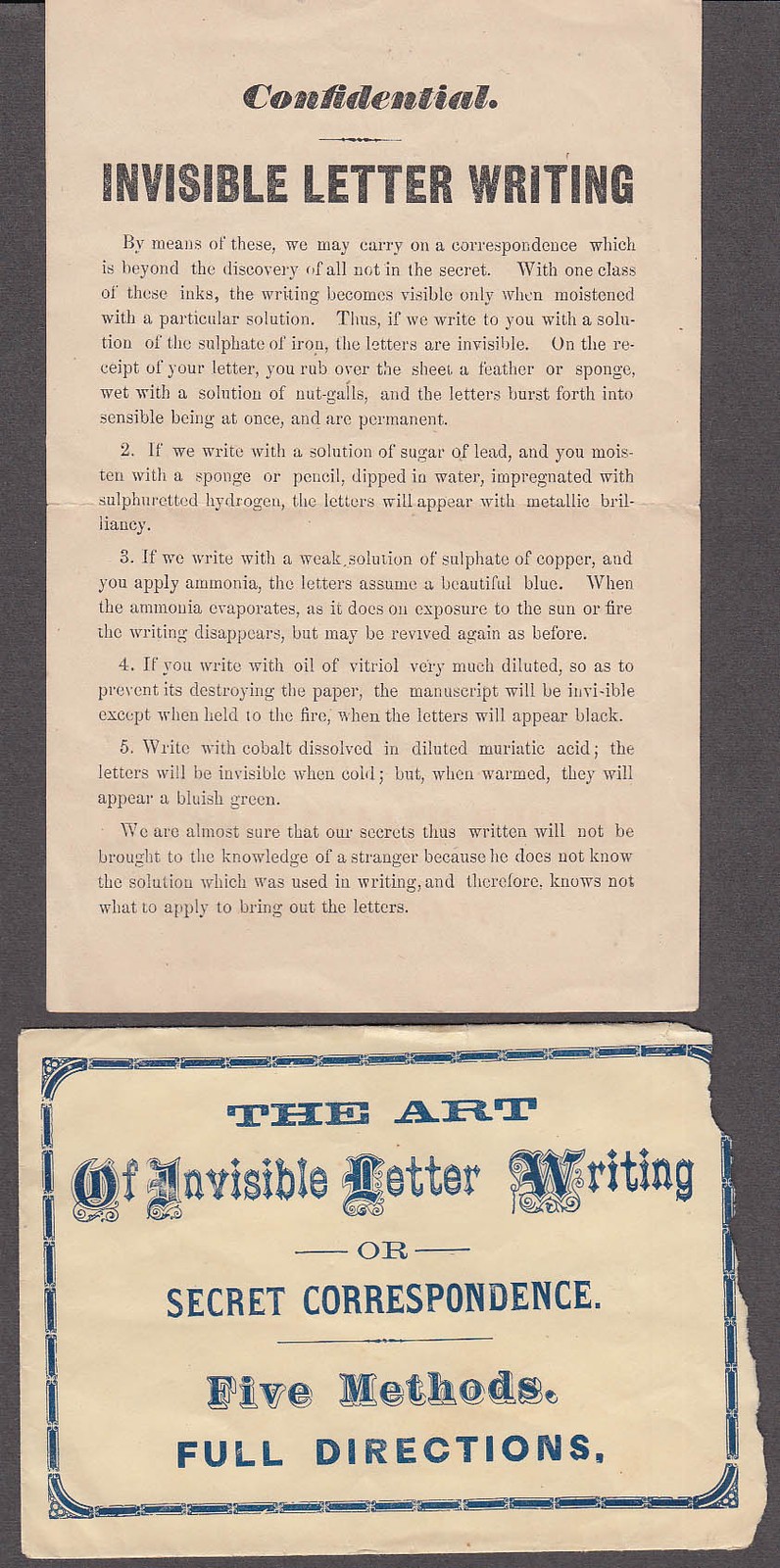 The Art of Invisible Letter Writing instruction sheet & envelope ca 1920s