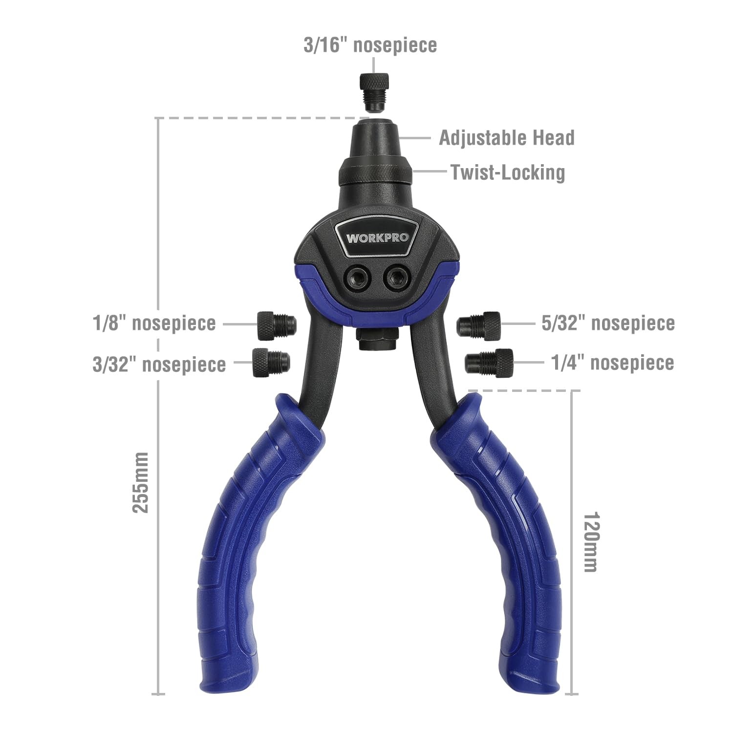 WORKPRO Rivet Gun Set 5-in-1 10-Inch Pop Riveter with 5 Sizes Interchangeable