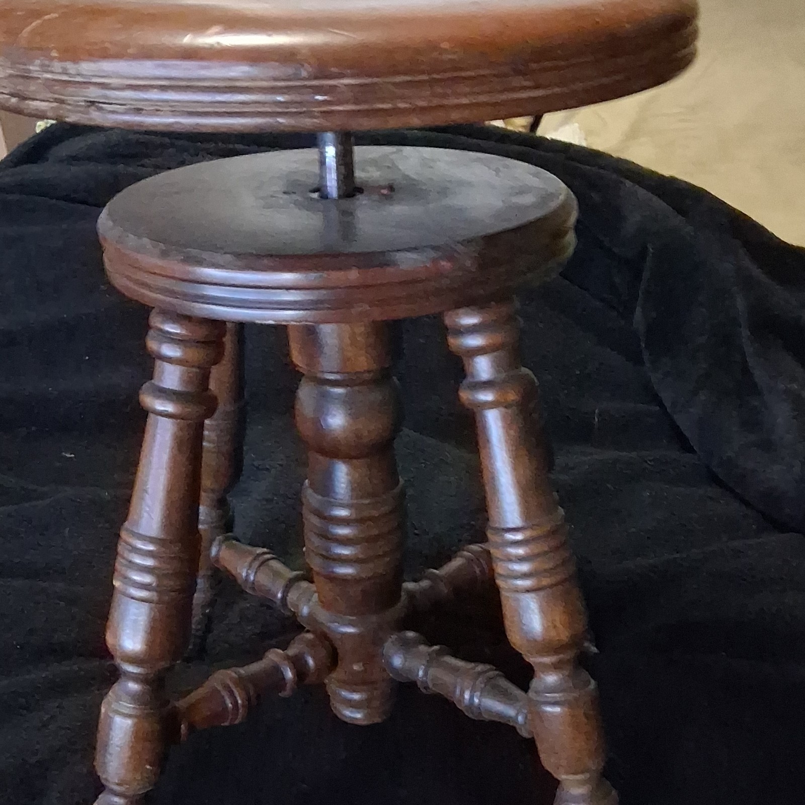 Antique Round Wooden Stool with Metal Feet, Brown, 26" High, Solid Pattern