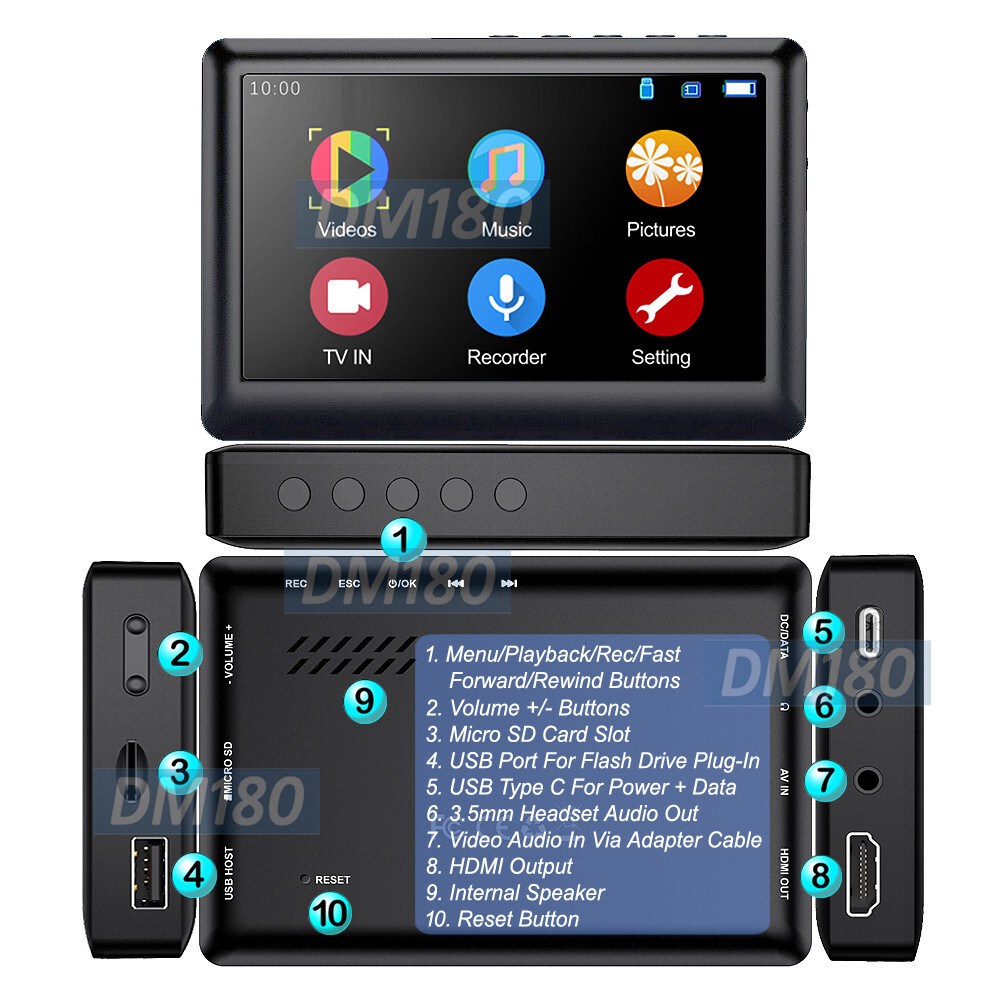 Portable Digital Video Recorder Player W/ HD 1080P RCA AV Output 4.3" LCD Screen
