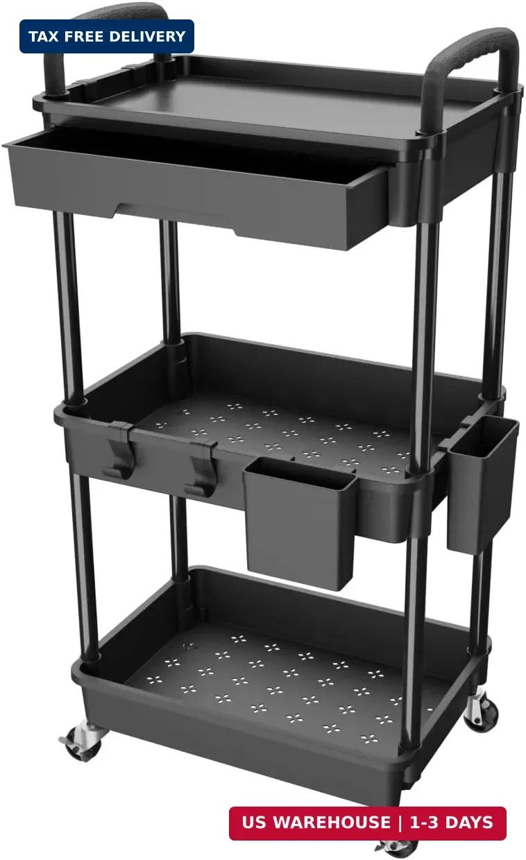 3 Tier Rolling Utility Cart with Drawer,REBECAT Utility Cart Made of Multifuncti