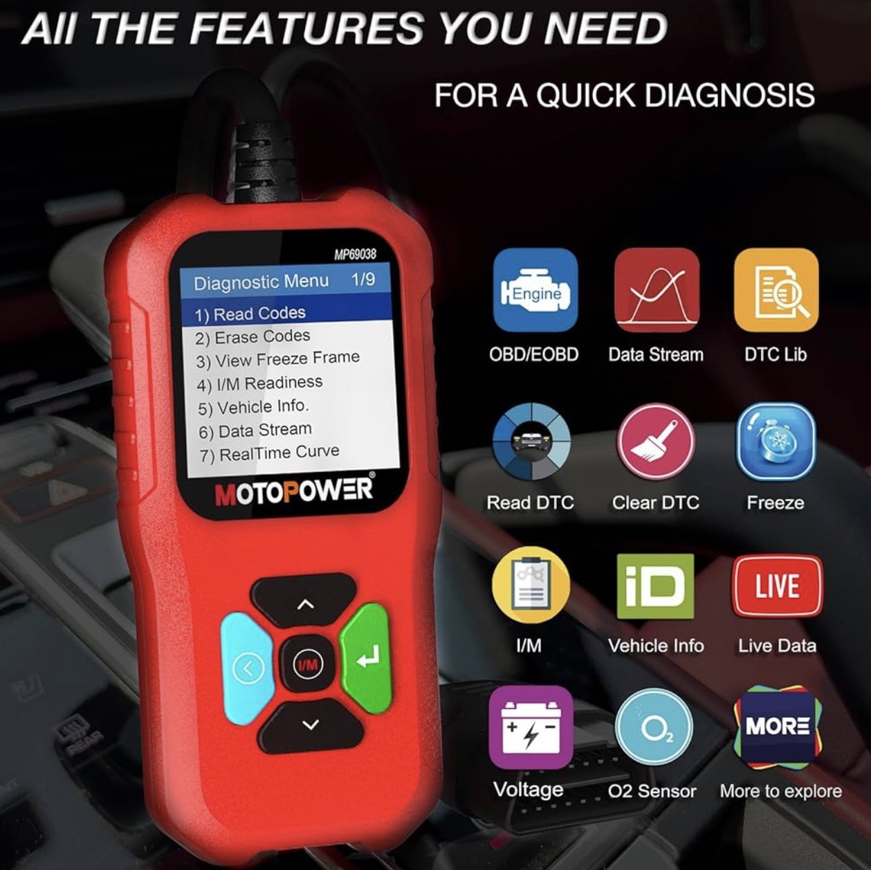 MOTOPOWER MP69038 Car OBD2 Scanner Code Reader Engine Fault Code Read Erase