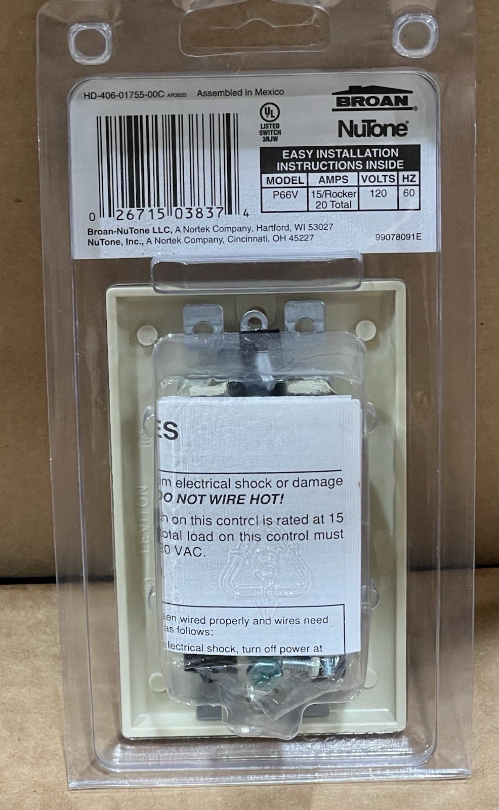 Broan 3-Independent Function Control Wall Switch P66V Ivory Combination Unit NOS