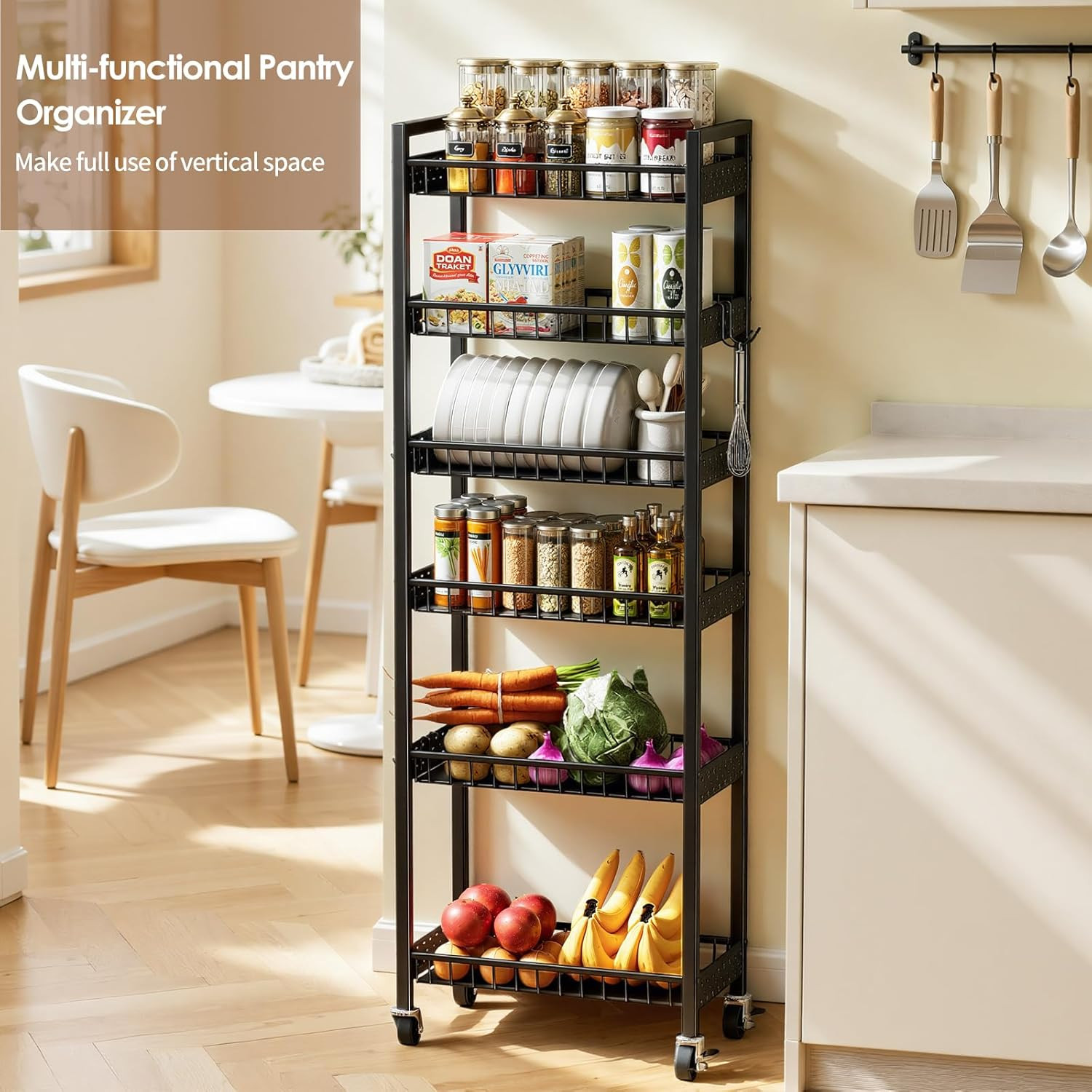 6 Tier Slim Storage Cart, Narrow Rolling Cart with Wheels, Narrow Mobile Utility