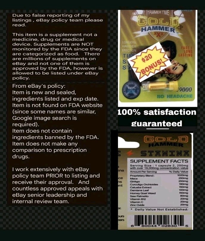 6 Pills Gold Hammer + $20 BONUS Performer Man! Male supplement natu enhancement
