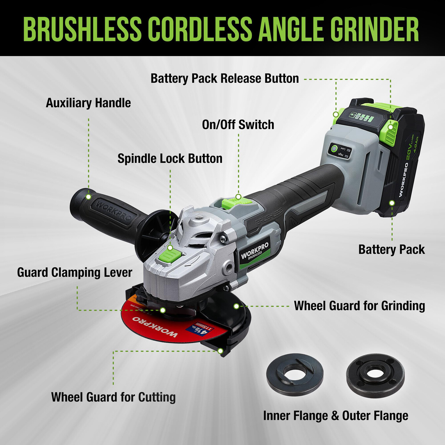 WORKPRO 20V Brushless Motor Cordless Angle Grinder Kits 4-1/2" Disc 4.0A Battery