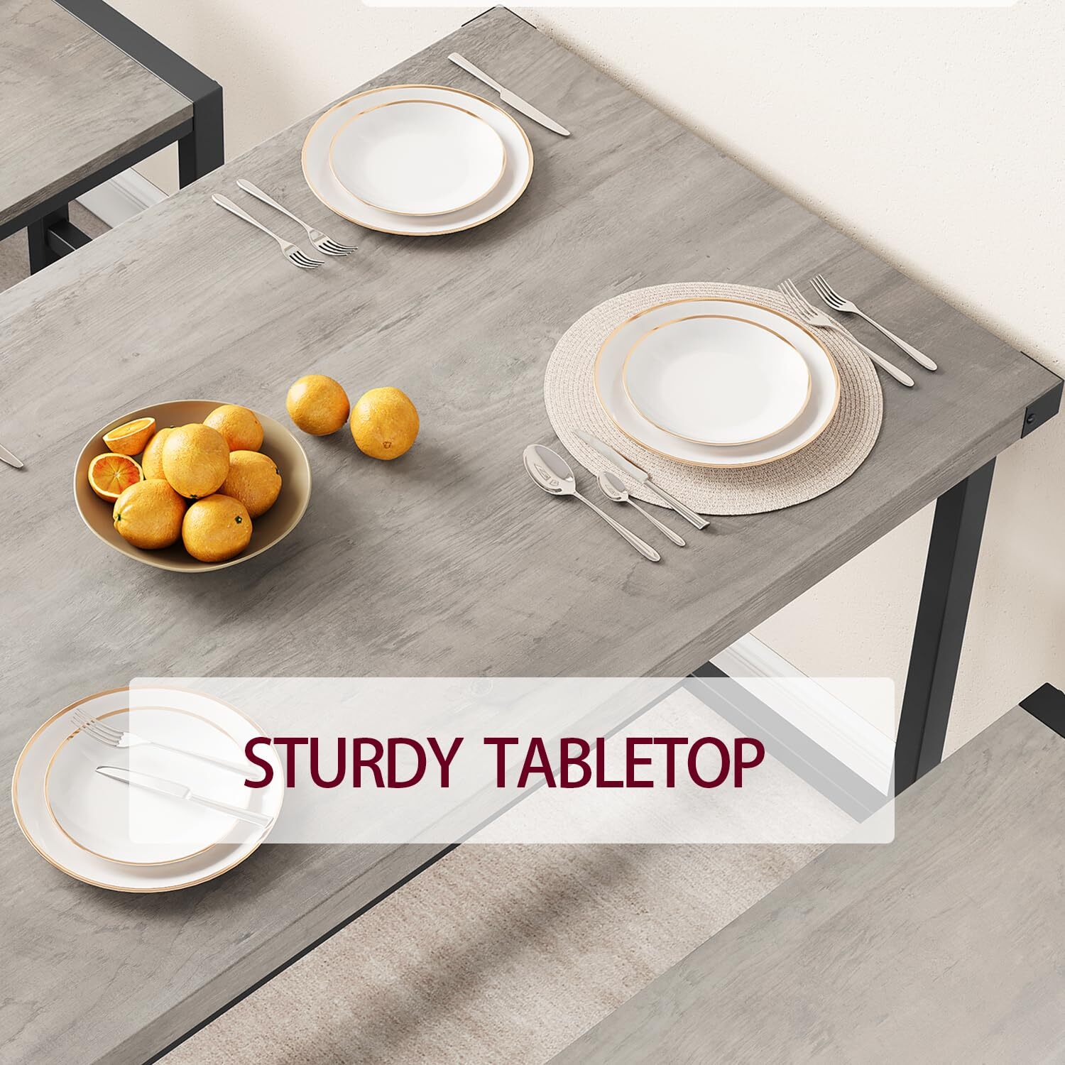 Dining Table Set for 4 Dinette Home Rectangular Kitchen Table and 2 Benches Grey